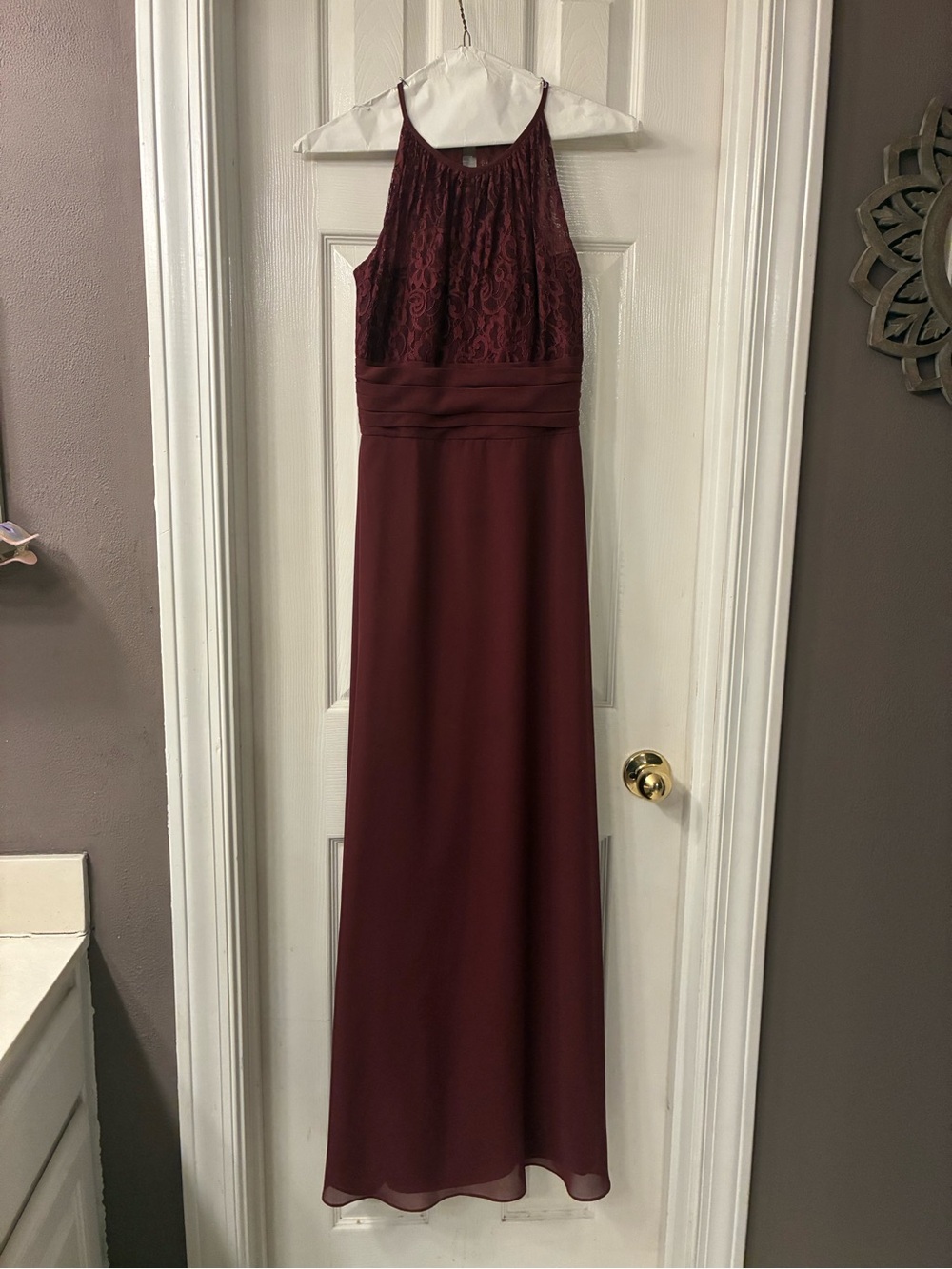 Jasmine Sleeveless Lace Halter Maxi Dress in Burgundy